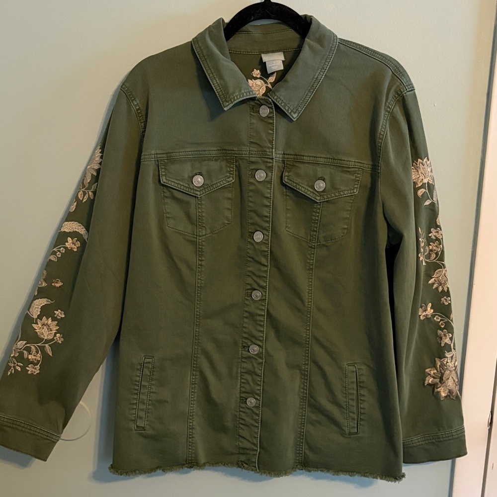 Chico's Green Jean Jacket with Floral Embroidery, size 3